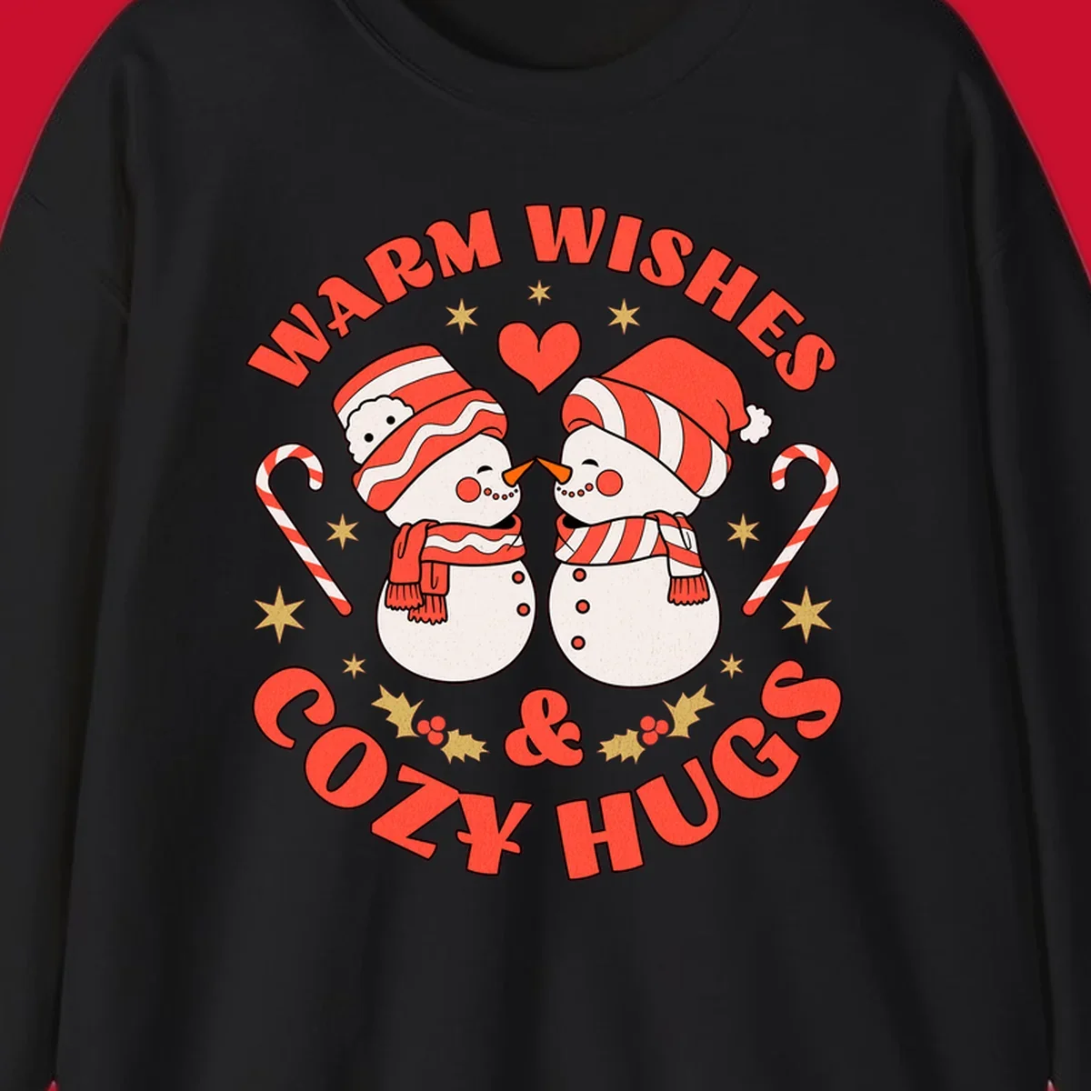 Snowmen kissing with holiday text, candy canes, and stars for a Christmas design.