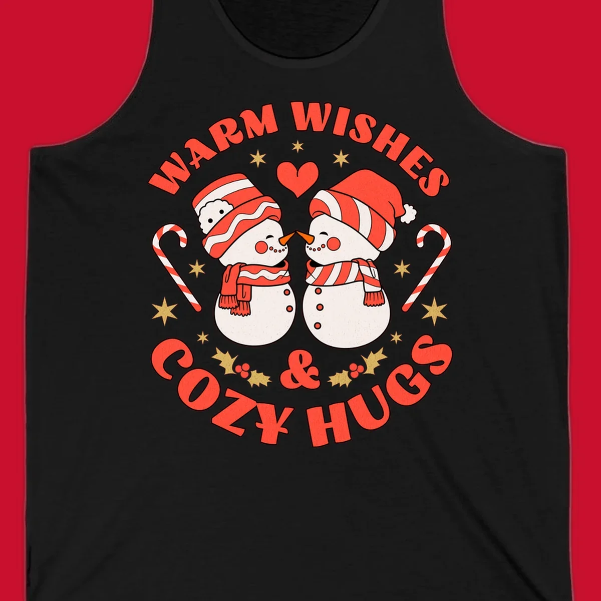 Snowmen kissing with holiday text, candy canes, and stars for a Christmas design.