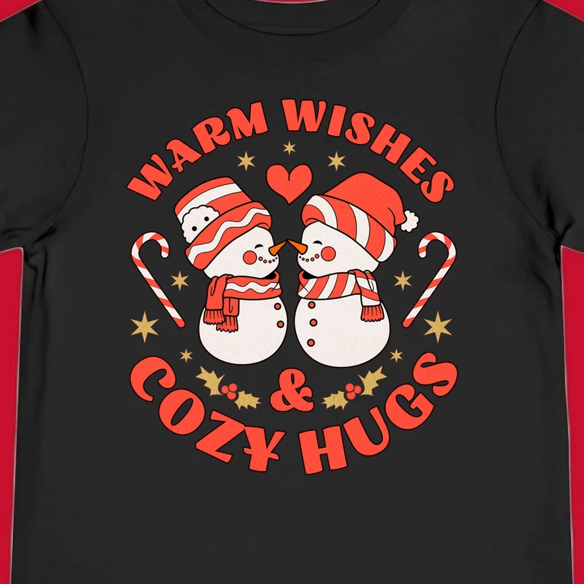 Snowmen kissing with holiday text, candy canes, and stars for a Christmas design.