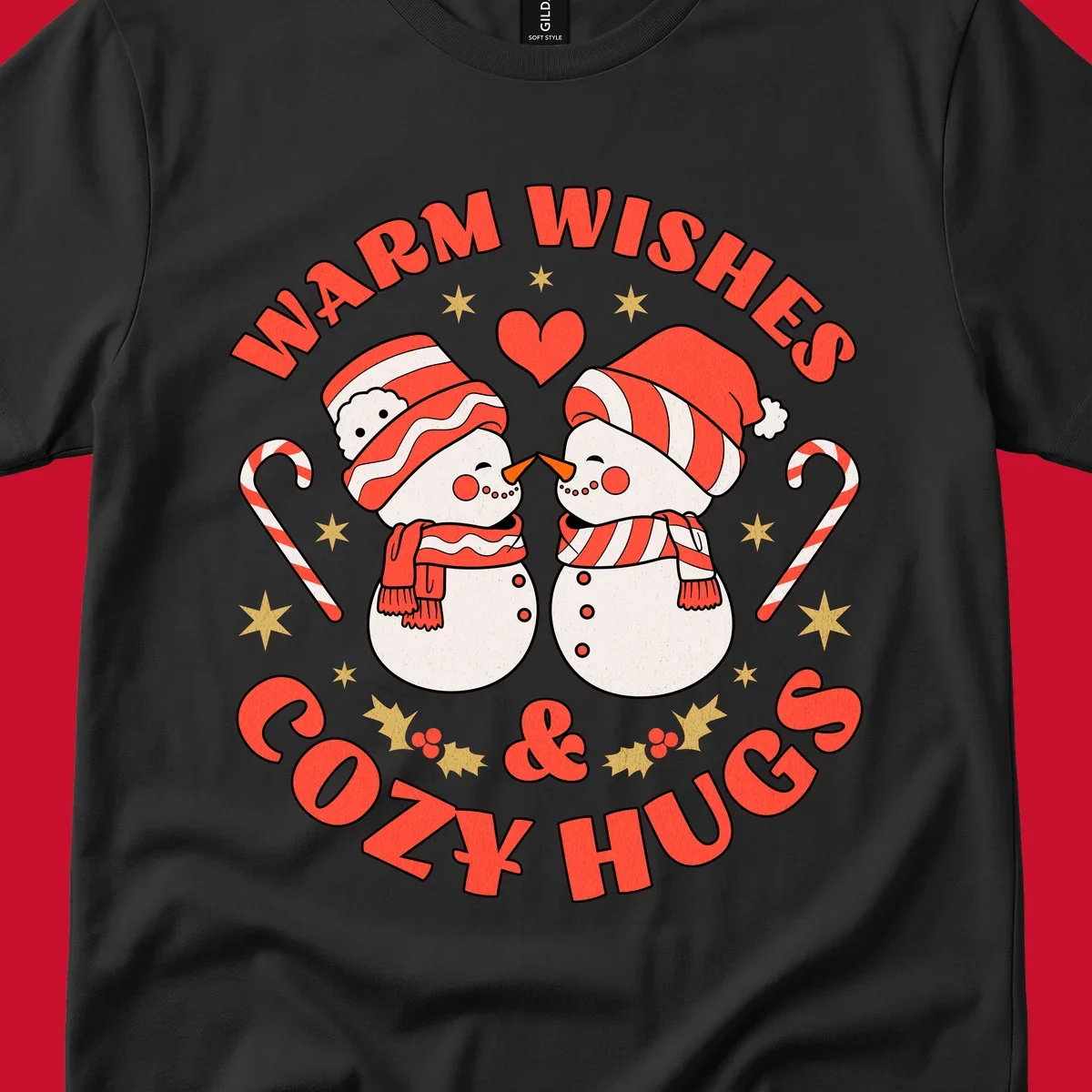 Snowmen kissing with holiday text, candy canes, and stars for a Christmas design.