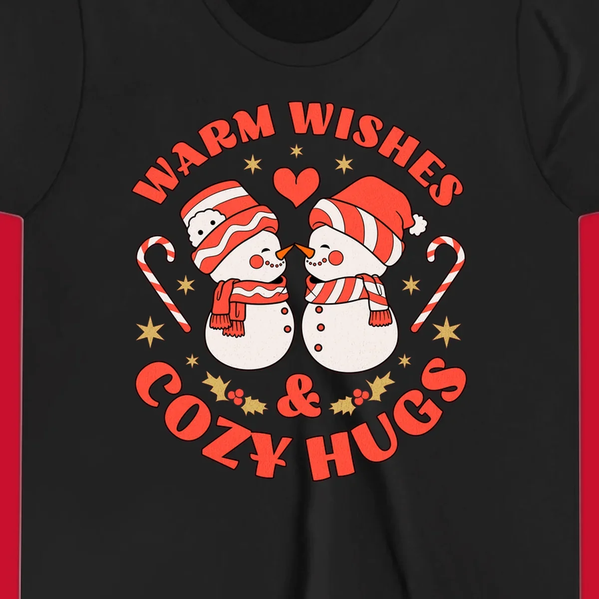 Snowmen kissing with holiday text, candy canes, and stars for a Christmas design.