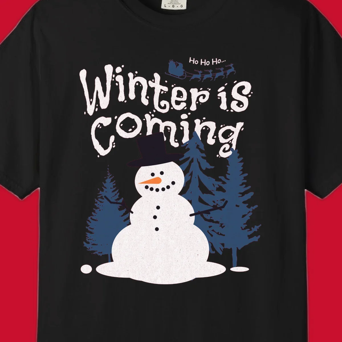 Winter is Coming Snowman Holiday design featuring a snowman, trees, and Santa's sleigh.
