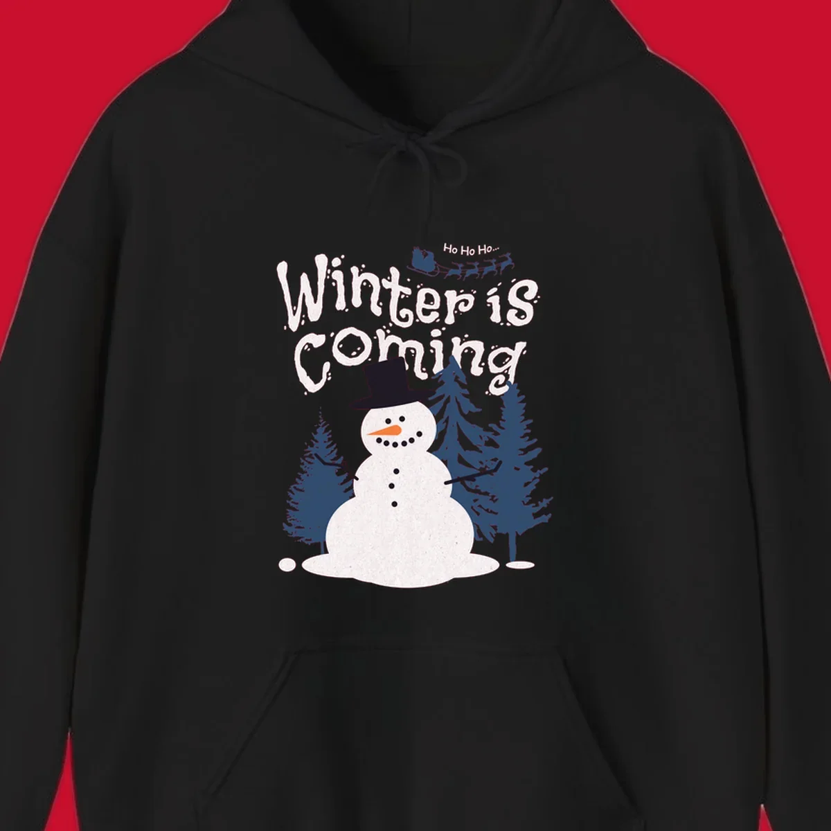 Winter is Coming Snowman Holiday design featuring a snowman, trees, and Santa's sleigh.