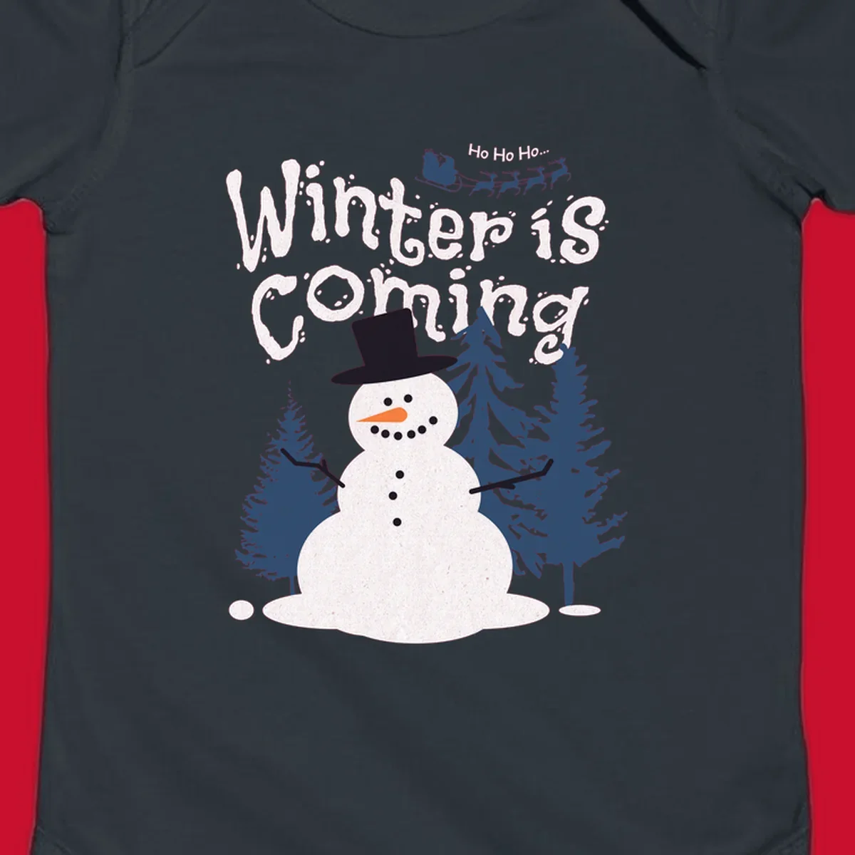 Winter is Coming Snowman Holiday design featuring a snowman, trees, and Santa's sleigh.