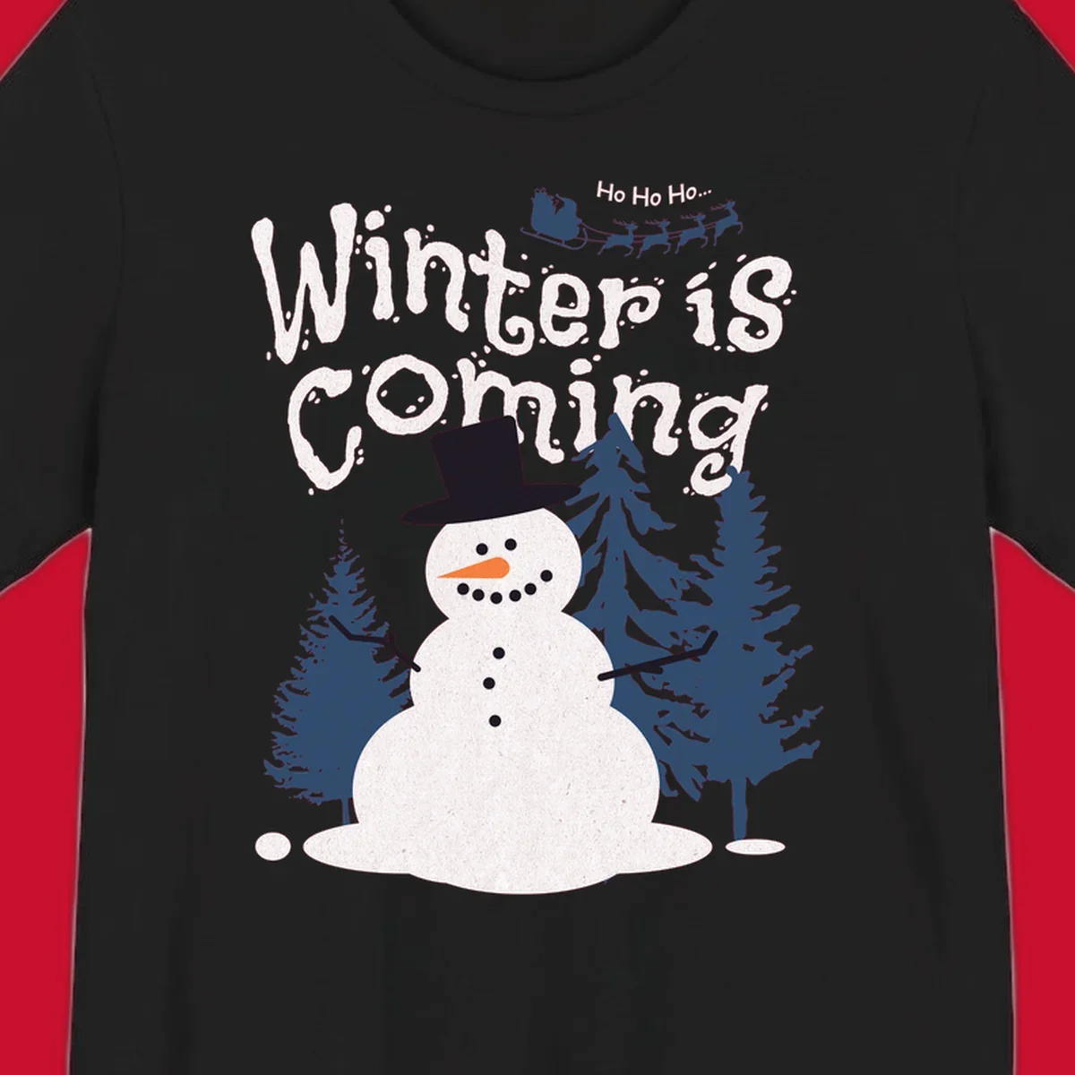 Winter is Coming Snowman Holiday design featuring a snowman, trees, and Santa's sleigh.