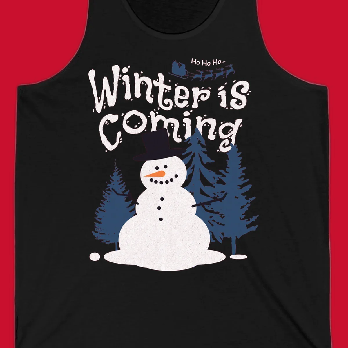 Winter is Coming Snowman Holiday design featuring a snowman, trees, and Santa's sleigh.
