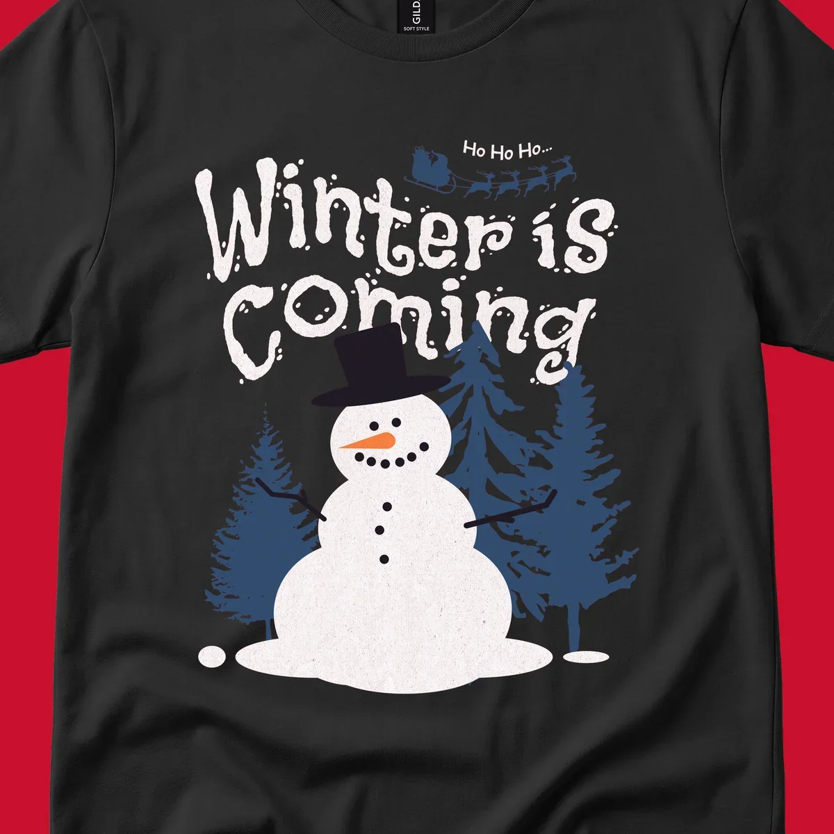 Winter is Coming Snowman Holiday design featuring a snowman, trees, and Santa's sleigh.