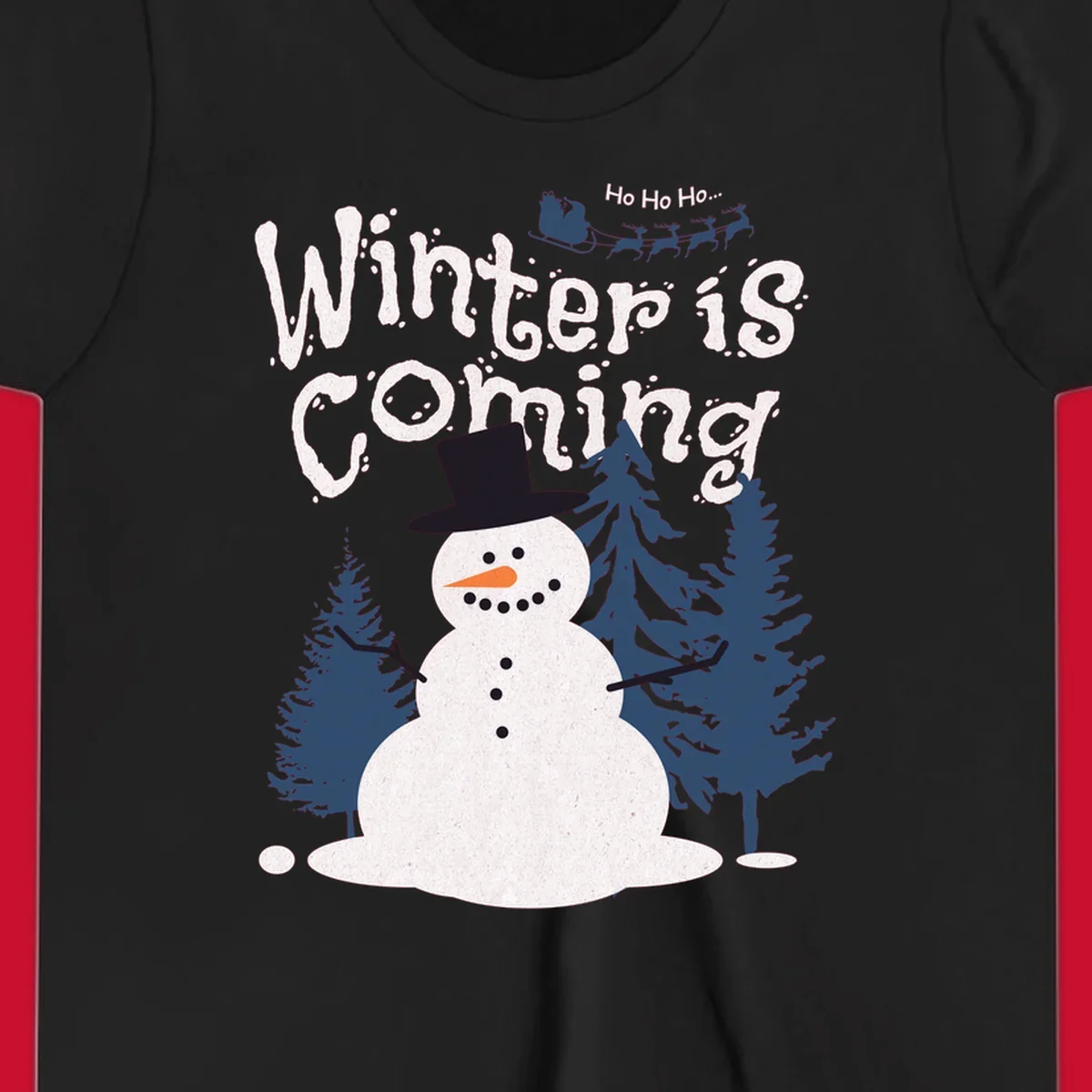 Winter is Coming Snowman Holiday design featuring a snowman, trees, and Santa's sleigh.