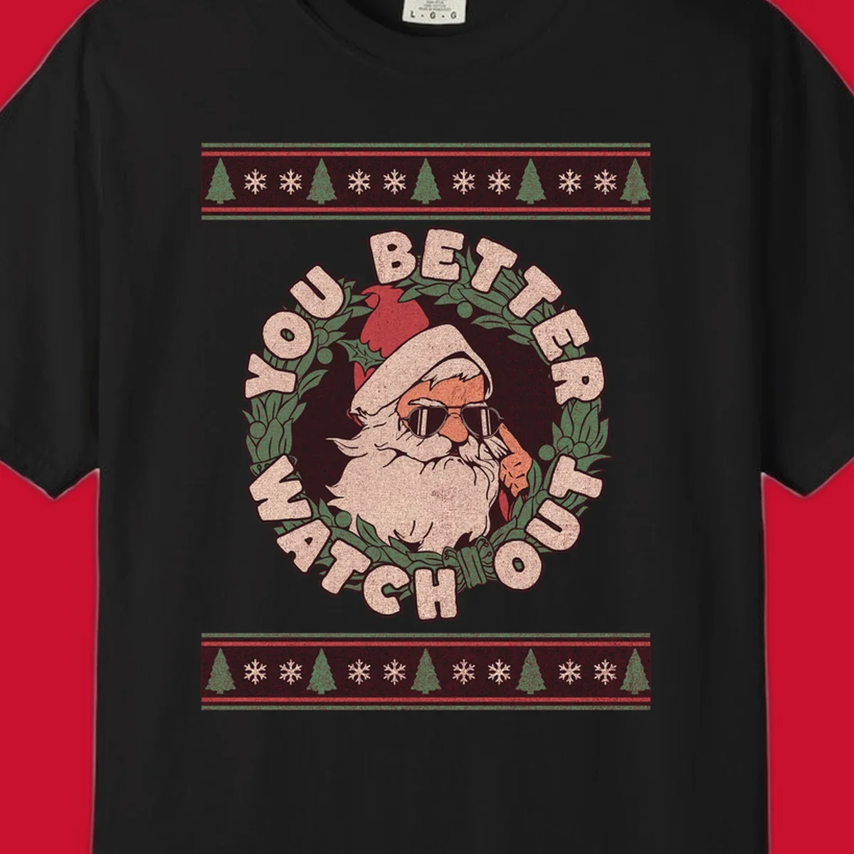 Santa Claus wearing sunglasses in a holly wreath with text, part of the santa-watch-out-christmas design.