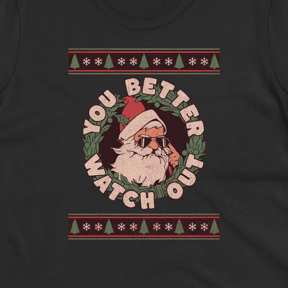 Santa Claus wearing sunglasses in a holly wreath with text, part of the santa-watch-out-christmas design.
