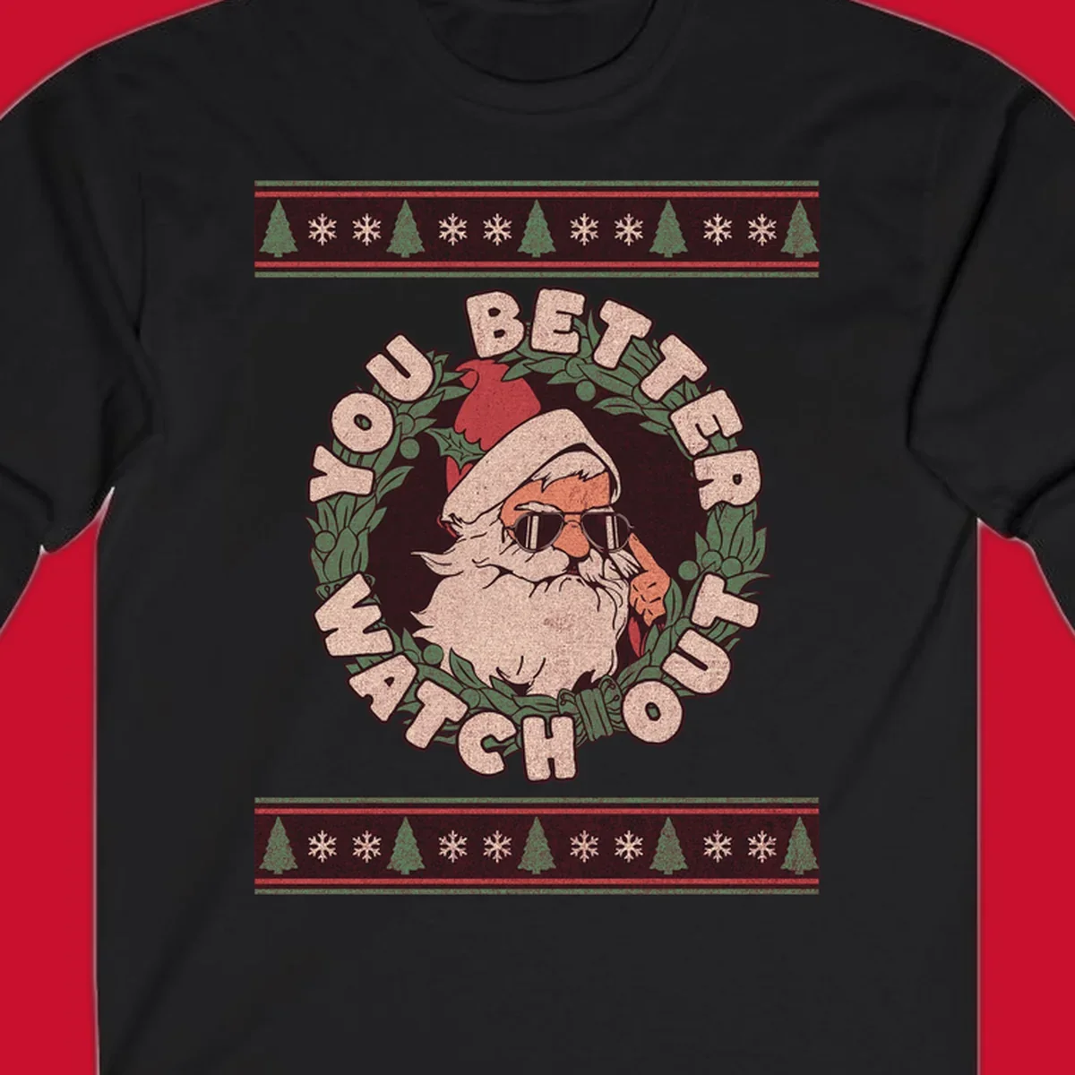 Santa Claus wearing sunglasses in a holly wreath with text, part of the santa-watch-out-christmas design.