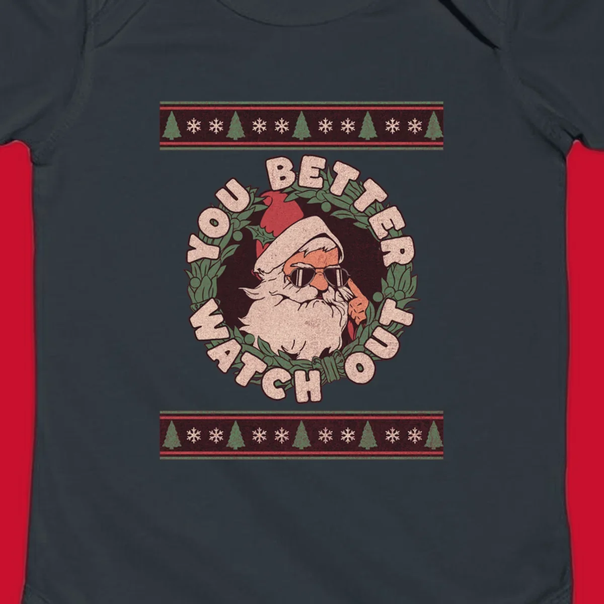Santa Claus wearing sunglasses in a holly wreath with text, part of the santa-watch-out-christmas design.
