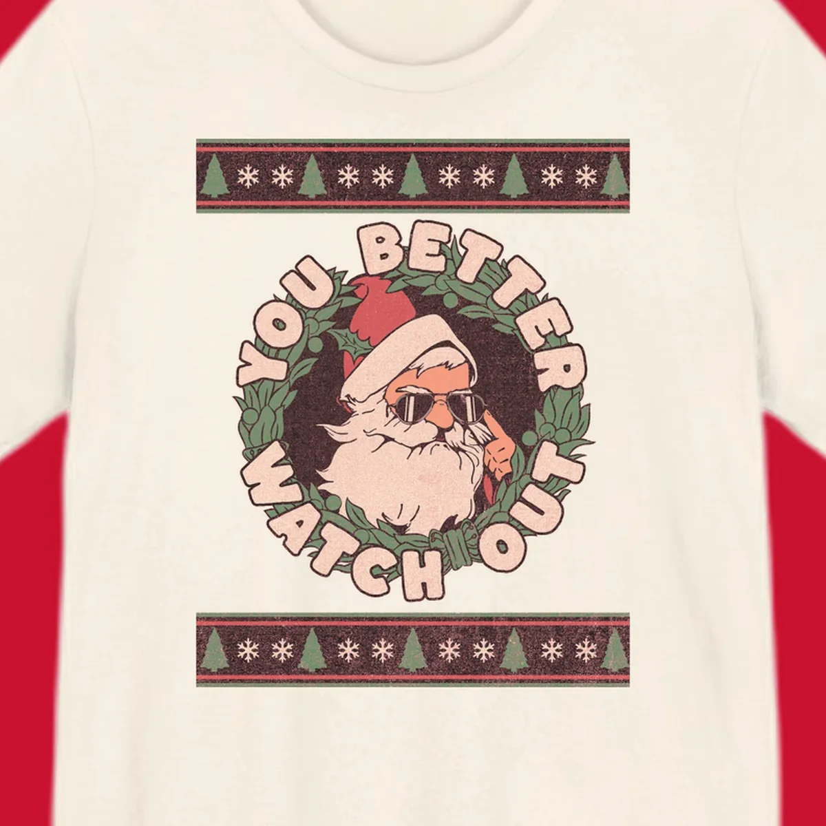 Santa Claus wearing sunglasses in a holly wreath with text, part of the santa-watch-out-christmas design.