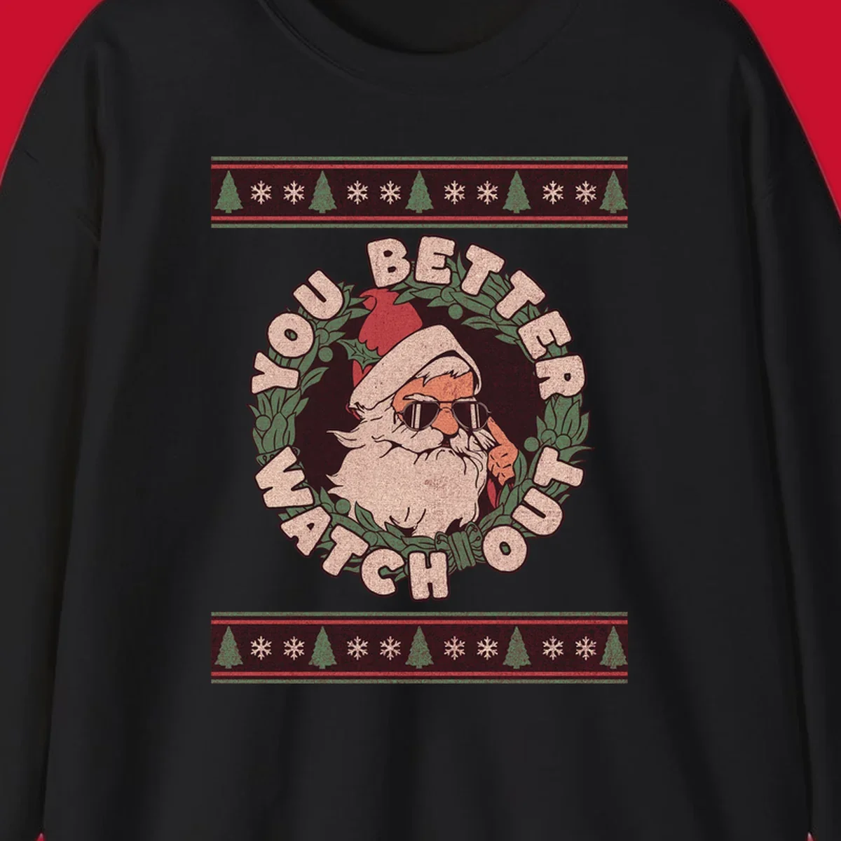 Santa Claus wearing sunglasses in a holly wreath with text, part of the santa-watch-out-christmas design.