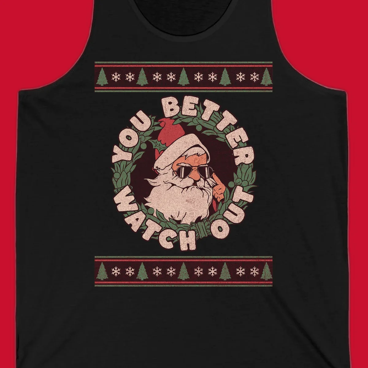 Santa Claus wearing sunglasses in a holly wreath with text, part of the santa-watch-out-christmas design.