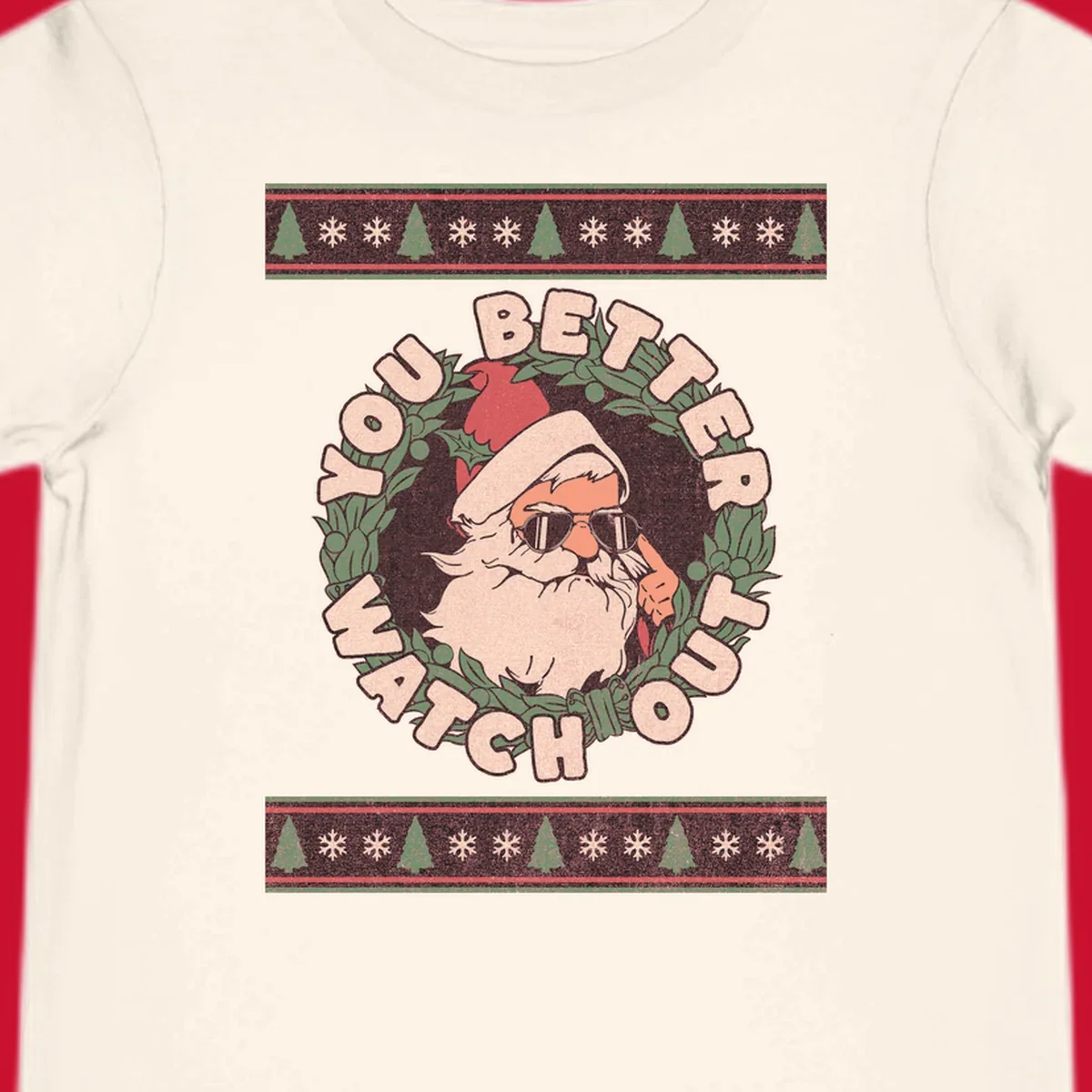 Santa Claus wearing sunglasses in a holly wreath with text, part of the santa-watch-out-christmas design.