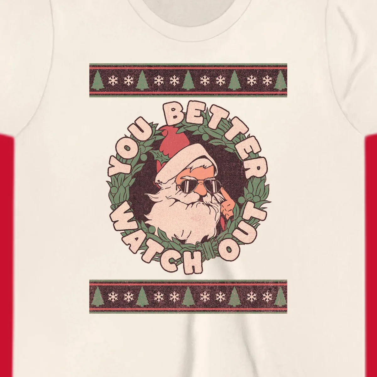 Santa Claus wearing sunglasses in a holly wreath with text, part of the santa-watch-out-christmas design.