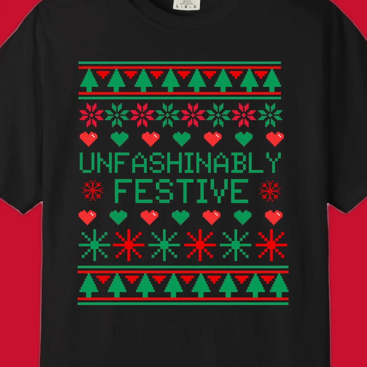 Unfashionably festive christmas design with pixelated trees, snowflakes, and hearts.