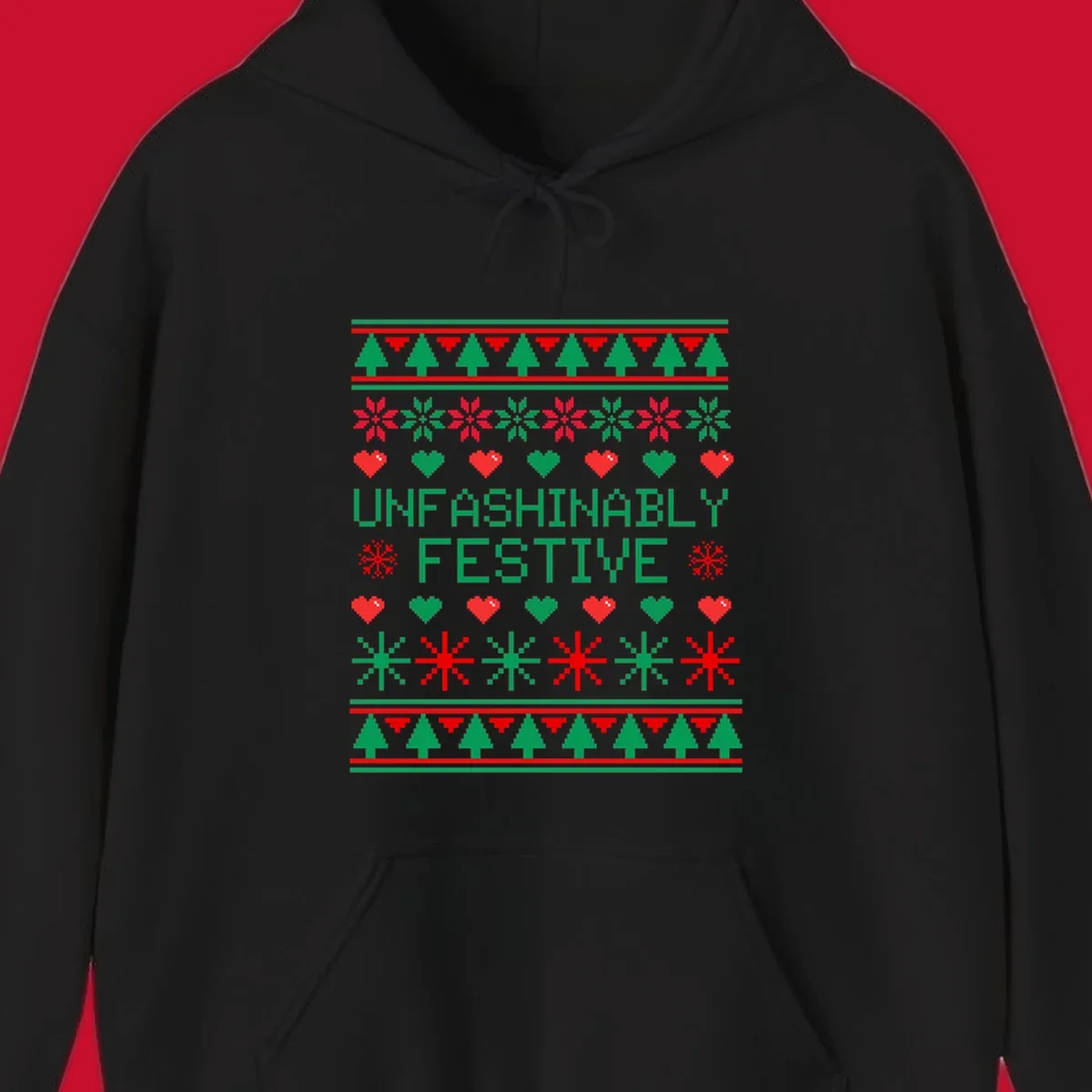 Unfashionably festive christmas design with pixelated trees, snowflakes, and hearts.