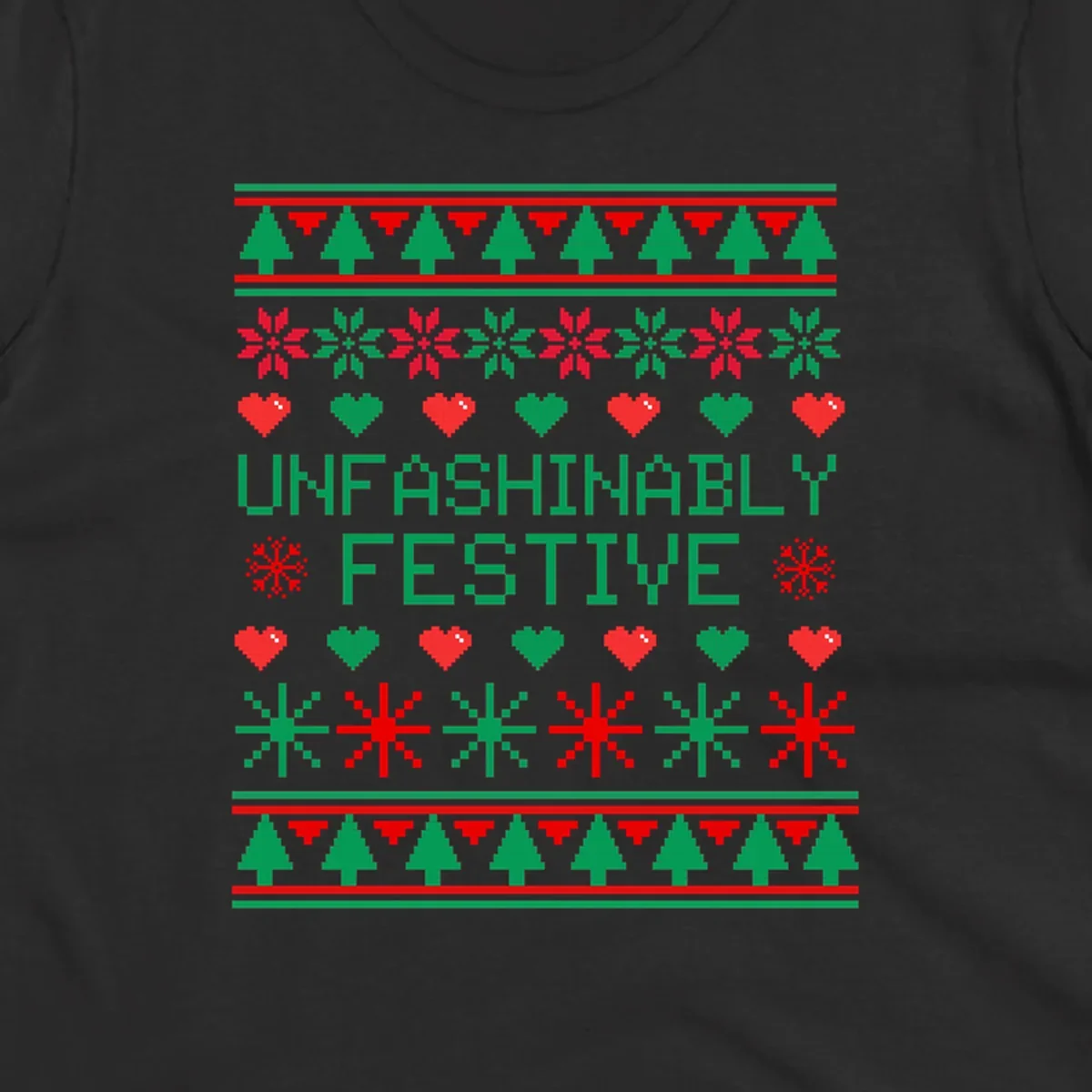 Unfashionably festive christmas design with pixelated trees, snowflakes, and hearts.