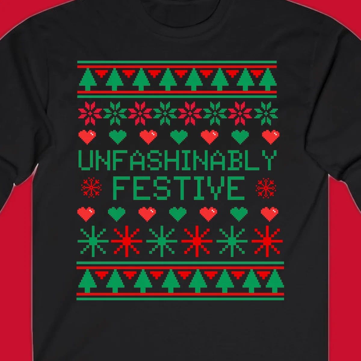 Unfashionably festive christmas design with pixelated trees, snowflakes, and hearts.