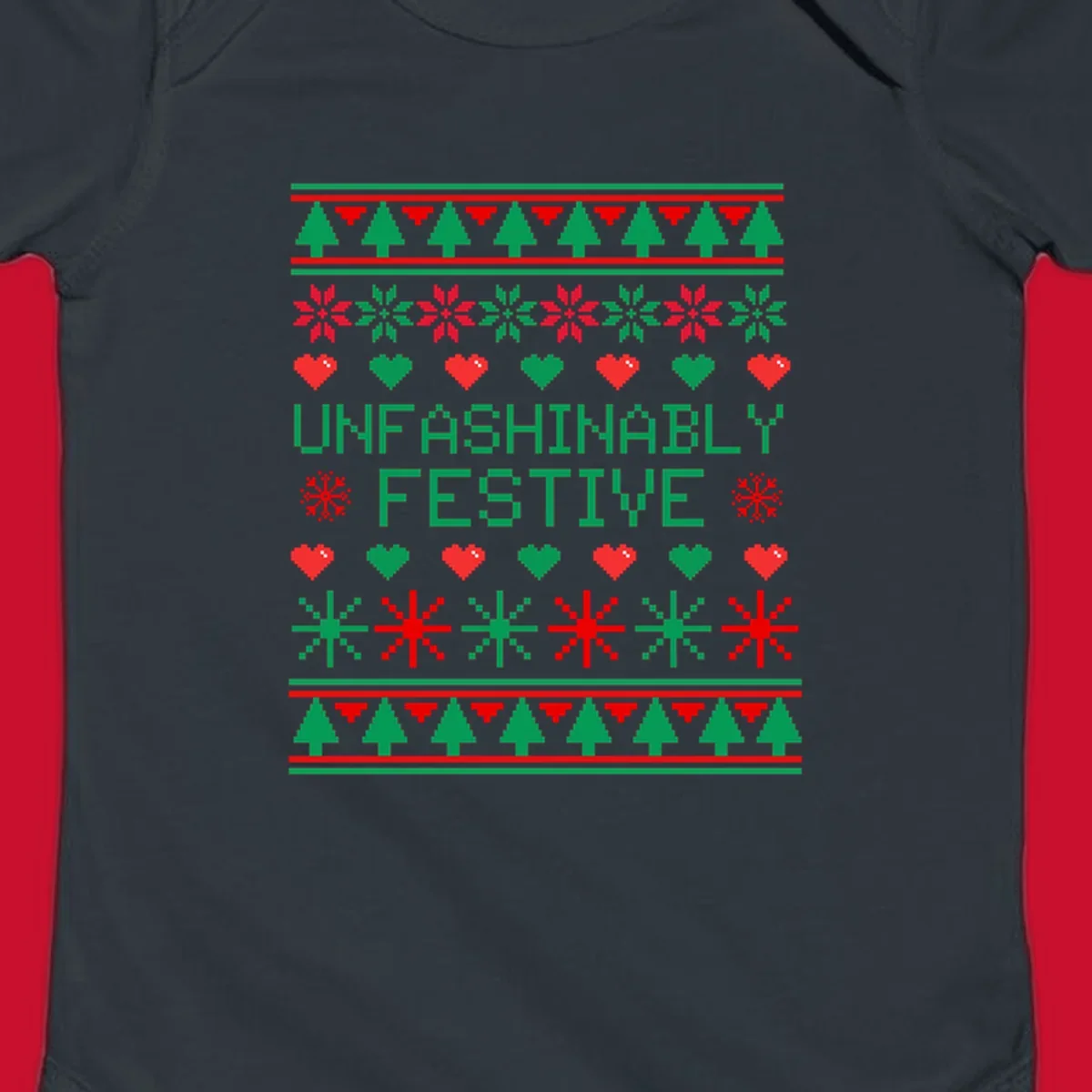 Unfashionably festive christmas design with pixelated trees, snowflakes, and hearts.