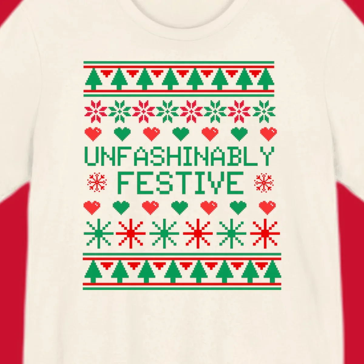Unfashionably festive christmas design with pixelated trees, snowflakes, and hearts.