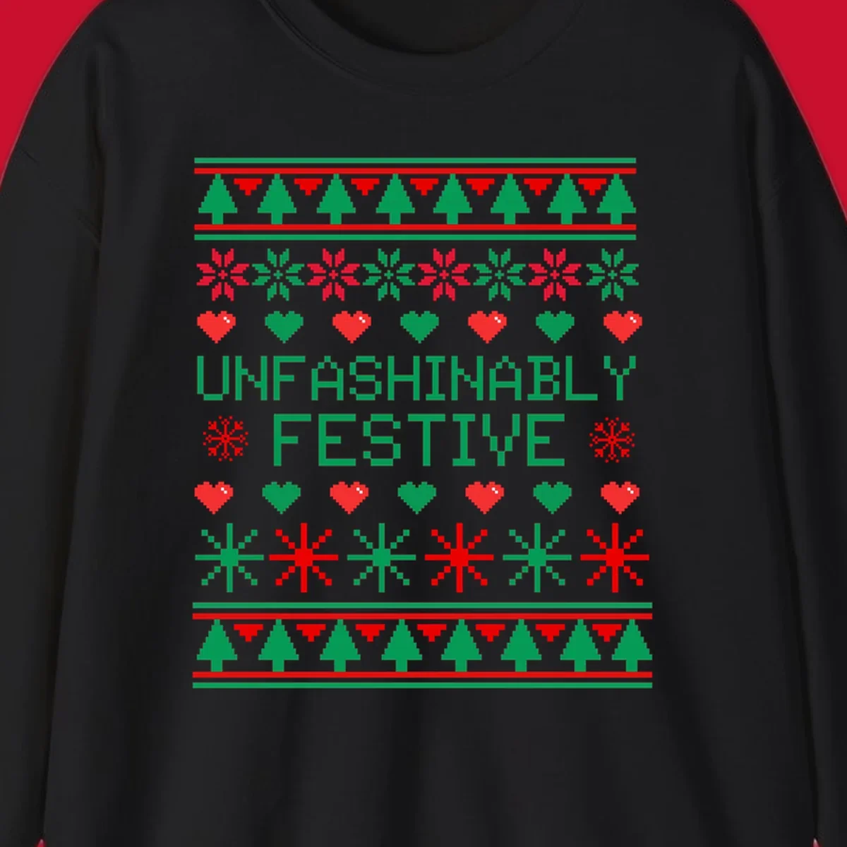 Unfashionably festive christmas design with pixelated trees, snowflakes, and hearts.