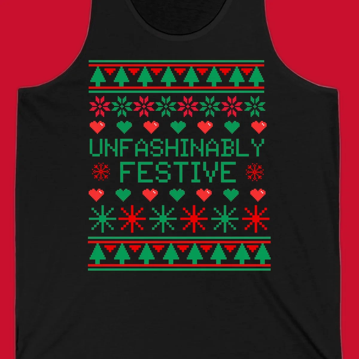 Unfashionably festive christmas design with pixelated trees, snowflakes, and hearts.