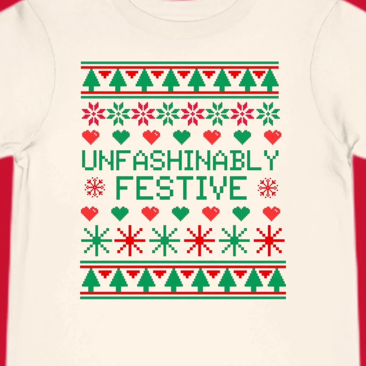 Unfashionably festive christmas design with pixelated trees, snowflakes, and hearts.