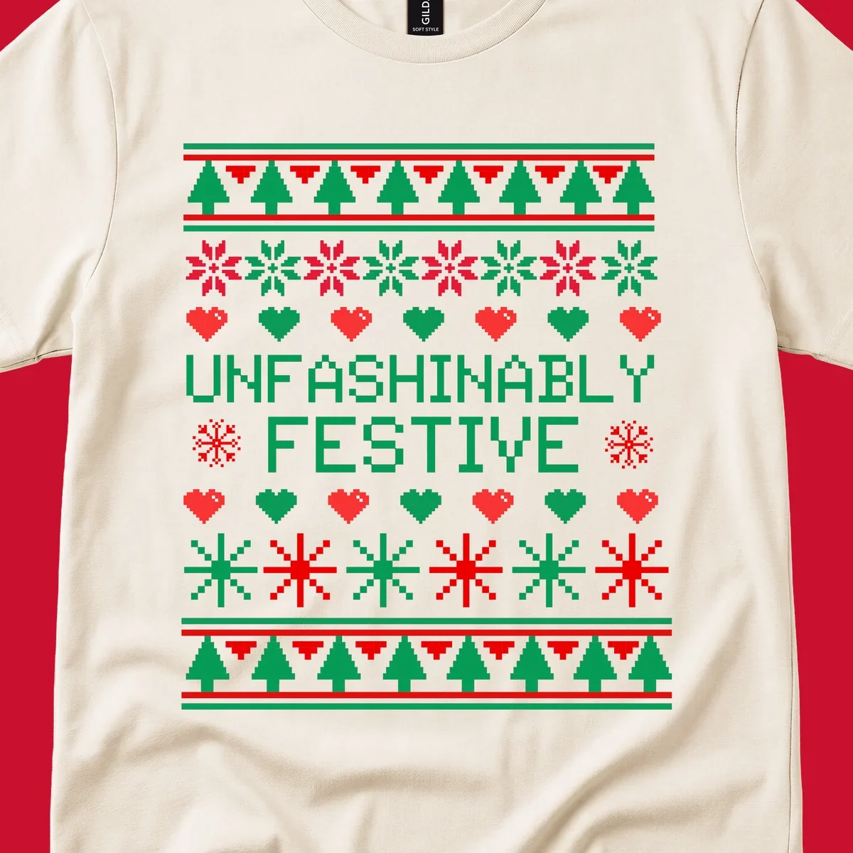 Unfashionably festive christmas design with pixelated trees, snowflakes, and hearts.