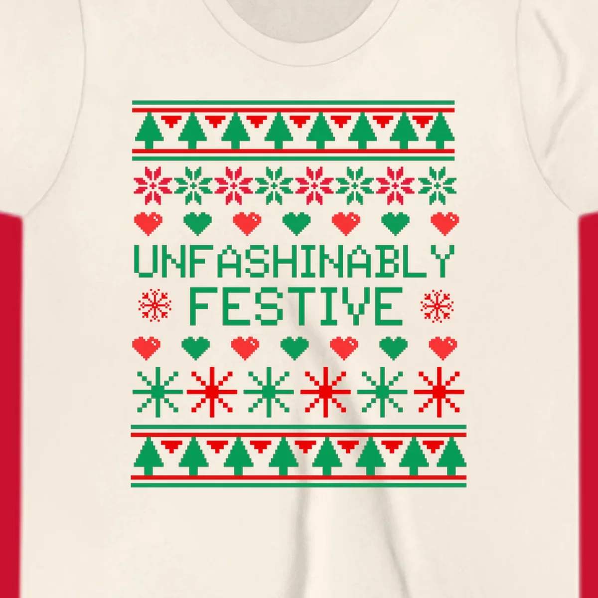 Unfashionably festive christmas design with pixelated trees, snowflakes, and hearts.