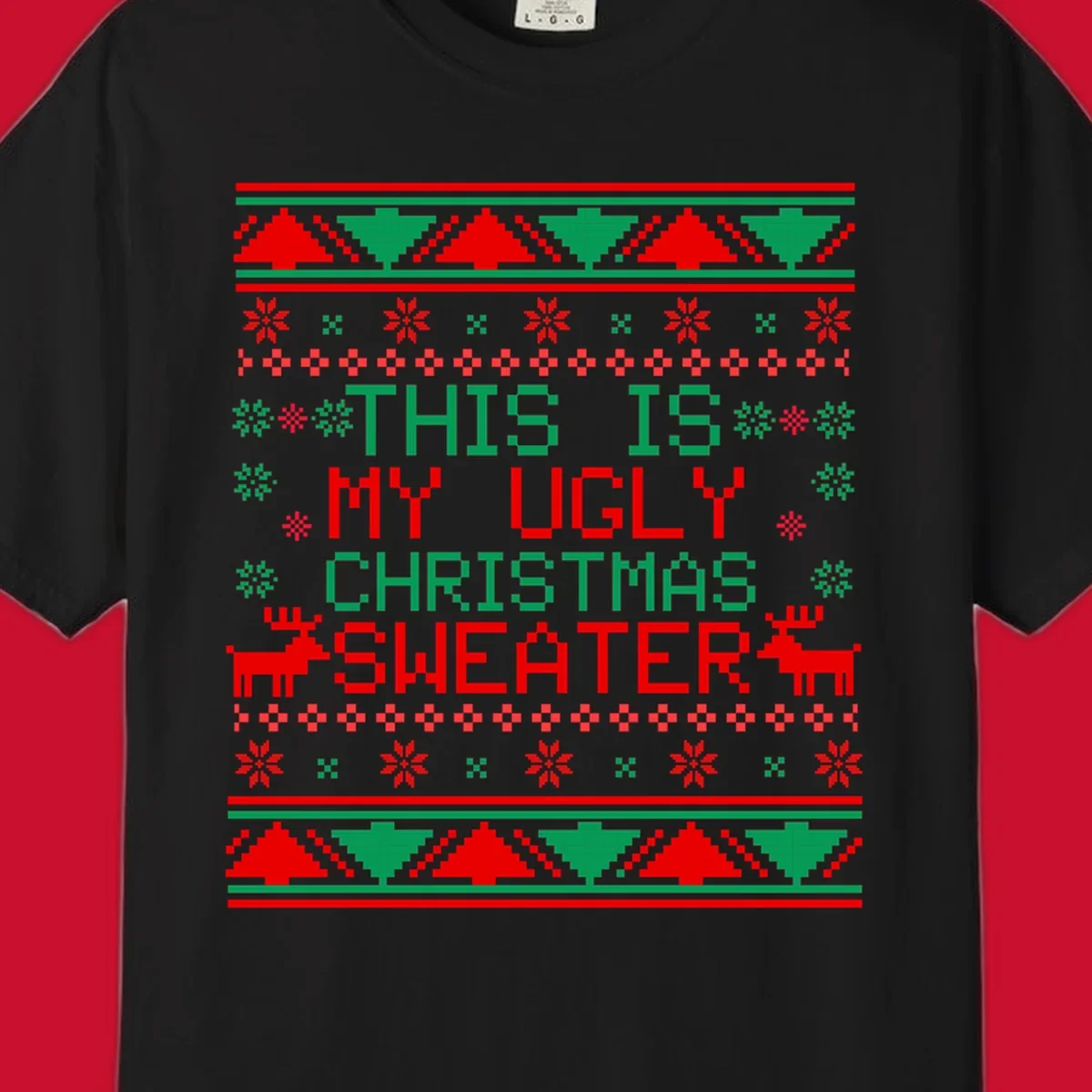 Ugly Christmas sweater statement design with pixelated text, reindeer, and snowflakes.
