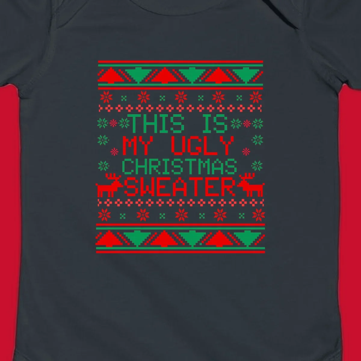 Ugly Christmas sweater statement design with pixelated text, reindeer, and snowflakes.