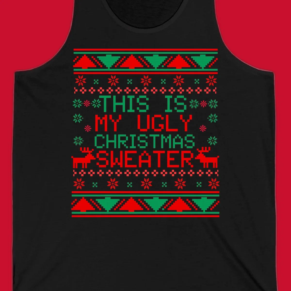 Ugly Christmas sweater statement design with pixelated text, reindeer, and snowflakes.