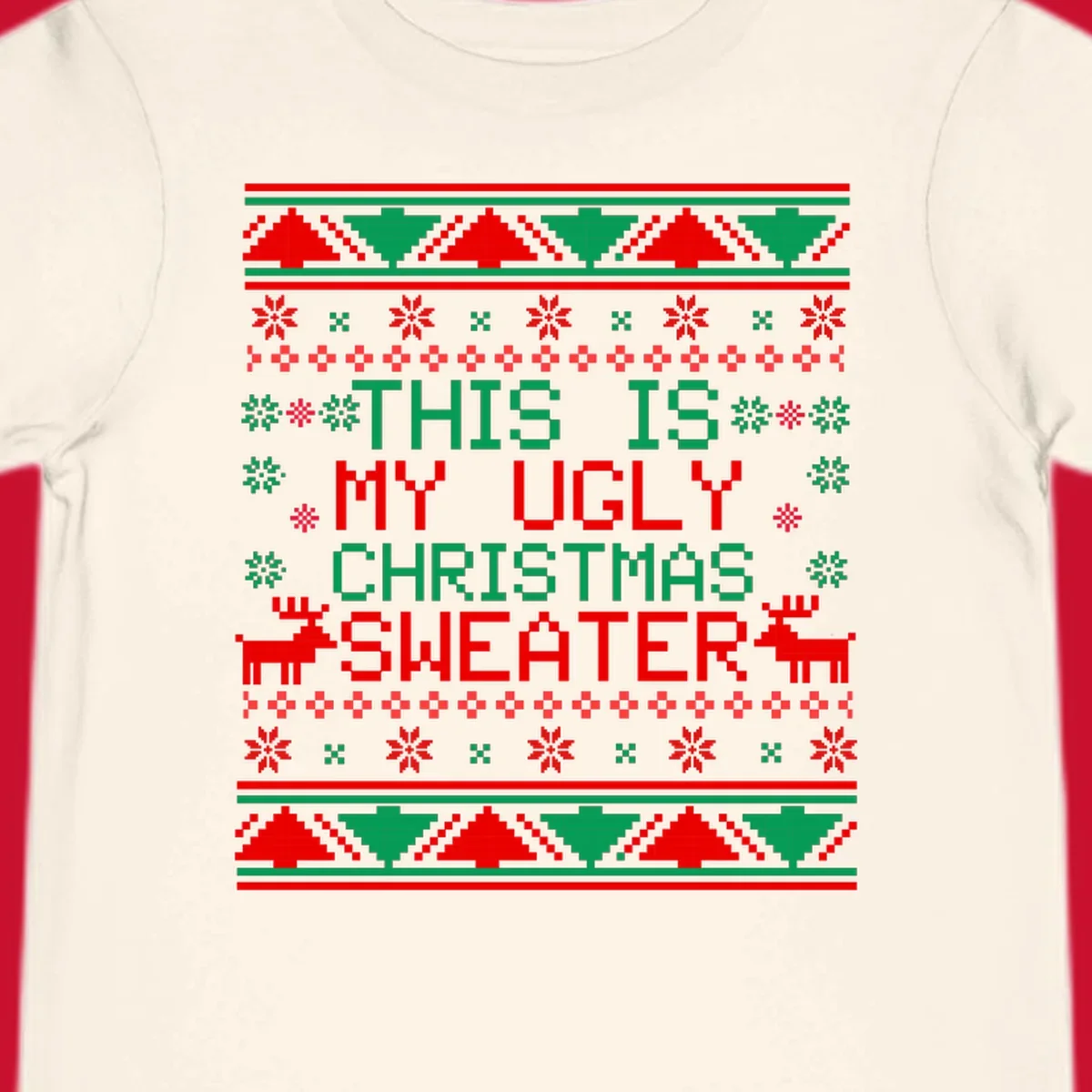 Ugly Christmas sweater statement design with pixelated text, reindeer, and snowflakes.