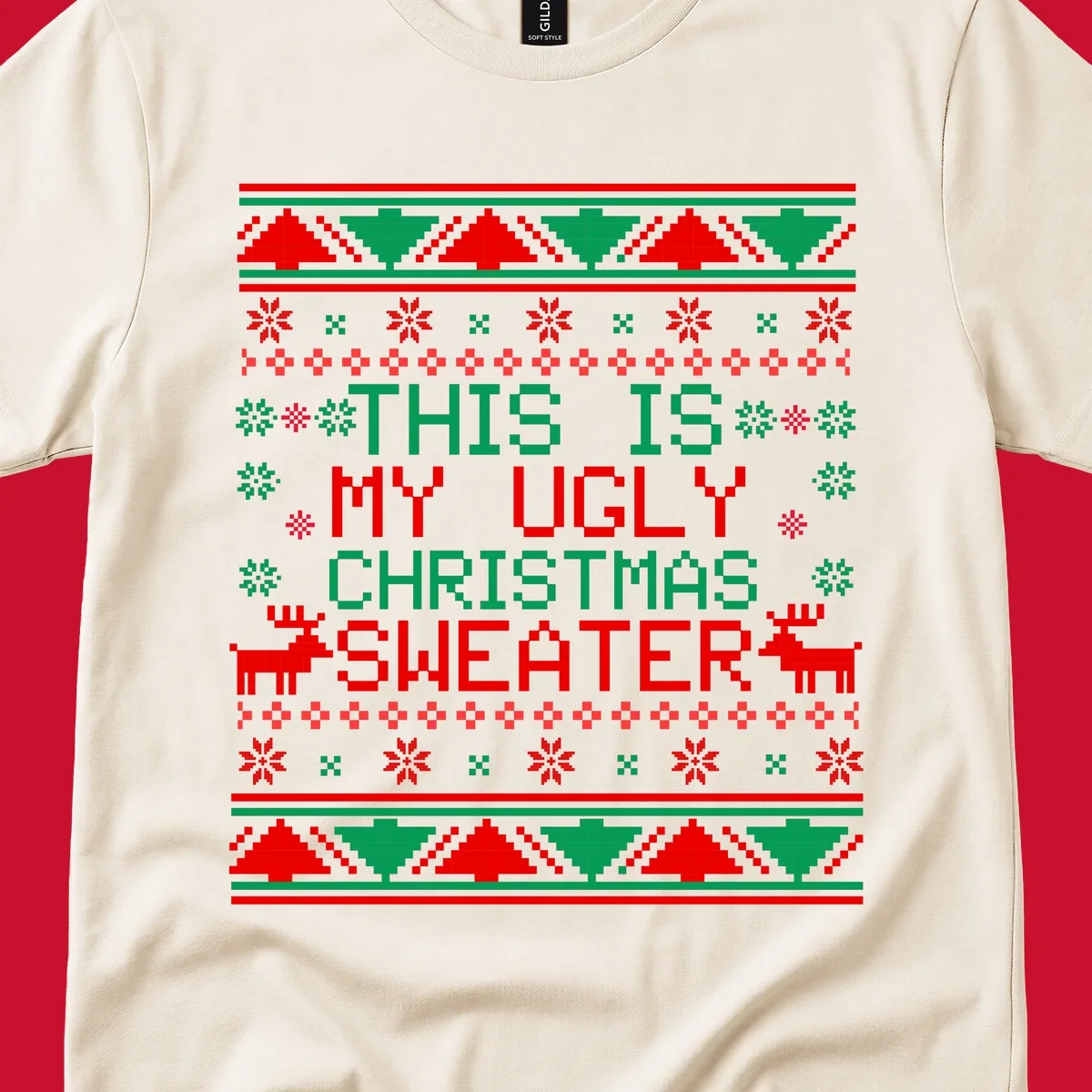 Ugly Christmas sweater statement design with pixelated text, reindeer, and snowflakes.
