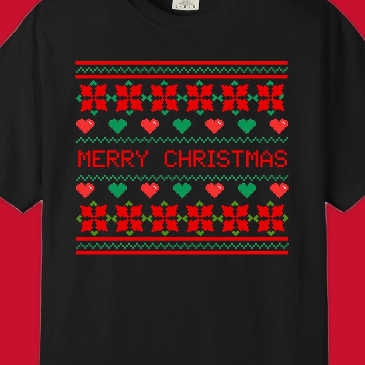 Merry Christmas pixel pattern with hearts and flowers on black and white backgrounds.
