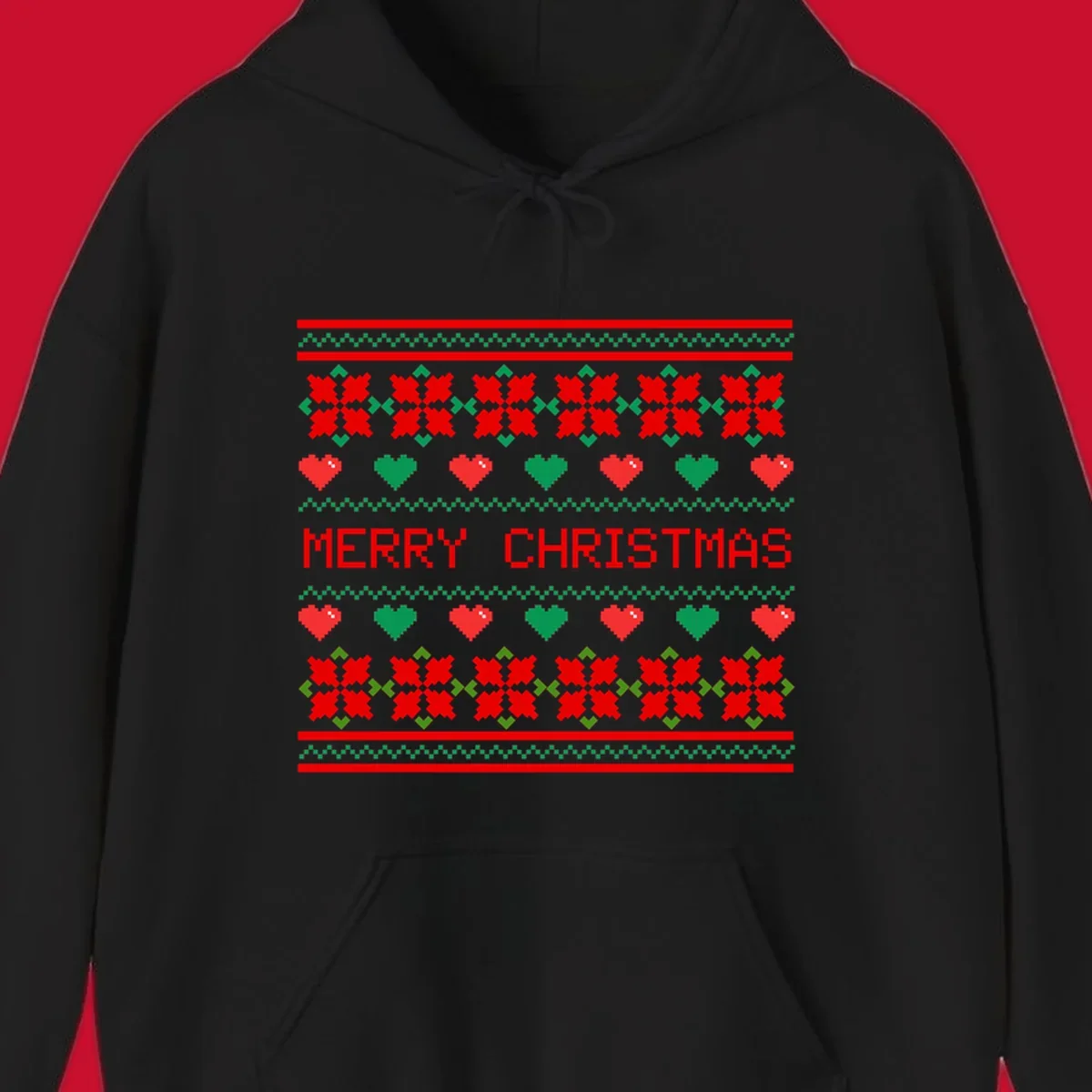 Merry Christmas pixel pattern with hearts and flowers on black and white backgrounds.