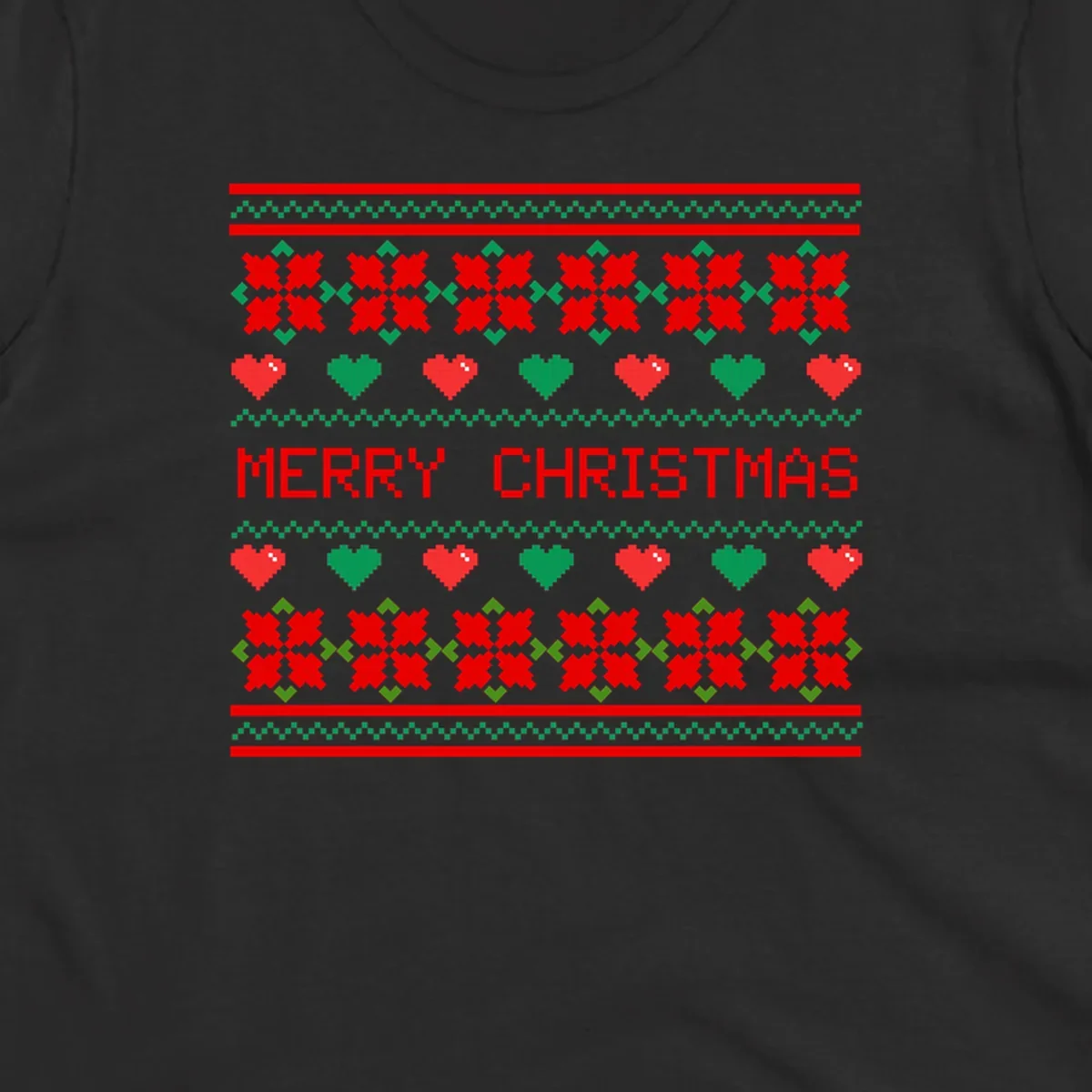 Merry Christmas pixel pattern with hearts and flowers on black and white backgrounds.