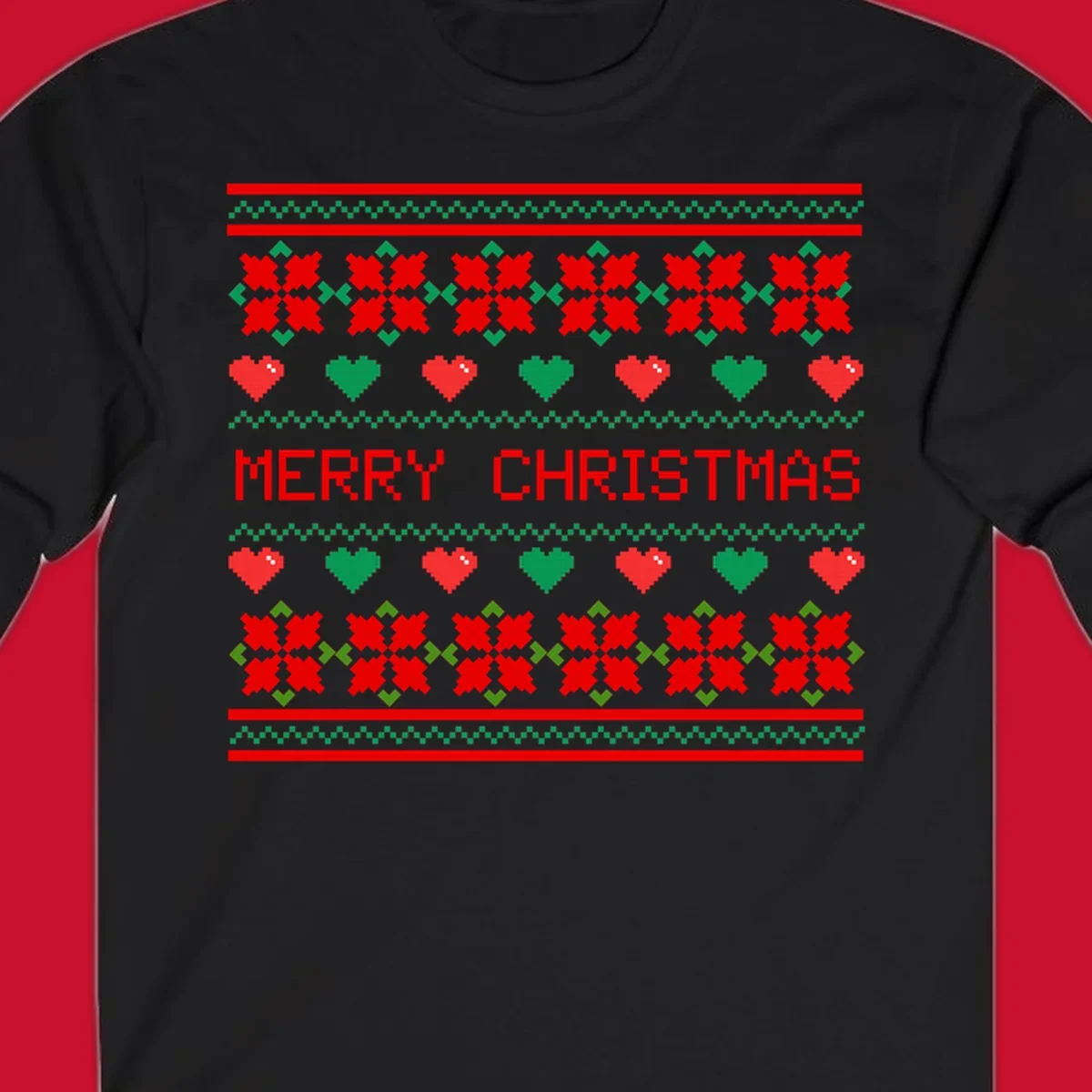 Merry Christmas pixel pattern with hearts and flowers on black and white backgrounds.