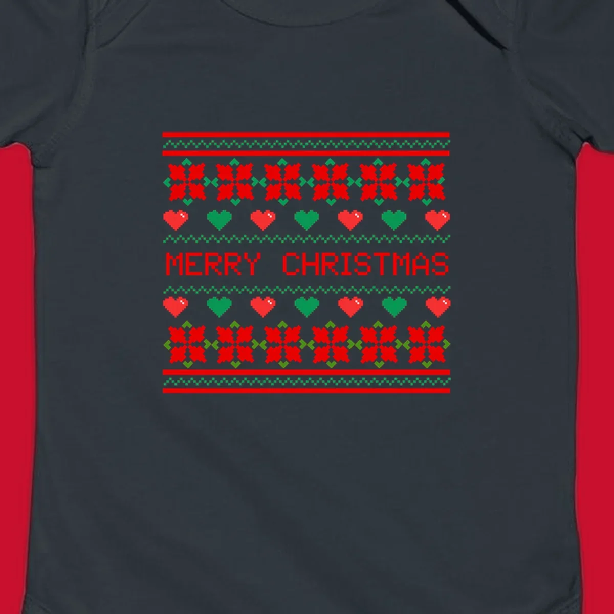 Merry Christmas pixel pattern with hearts and flowers on black and white backgrounds.