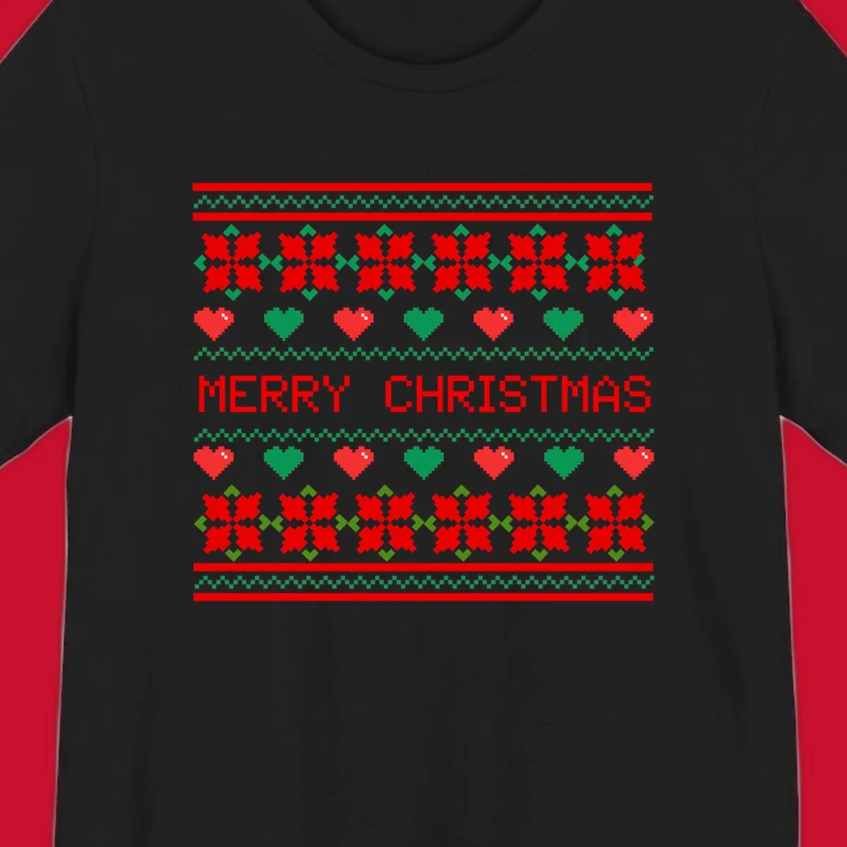 Merry Christmas pixel pattern with hearts and flowers on black and white backgrounds.