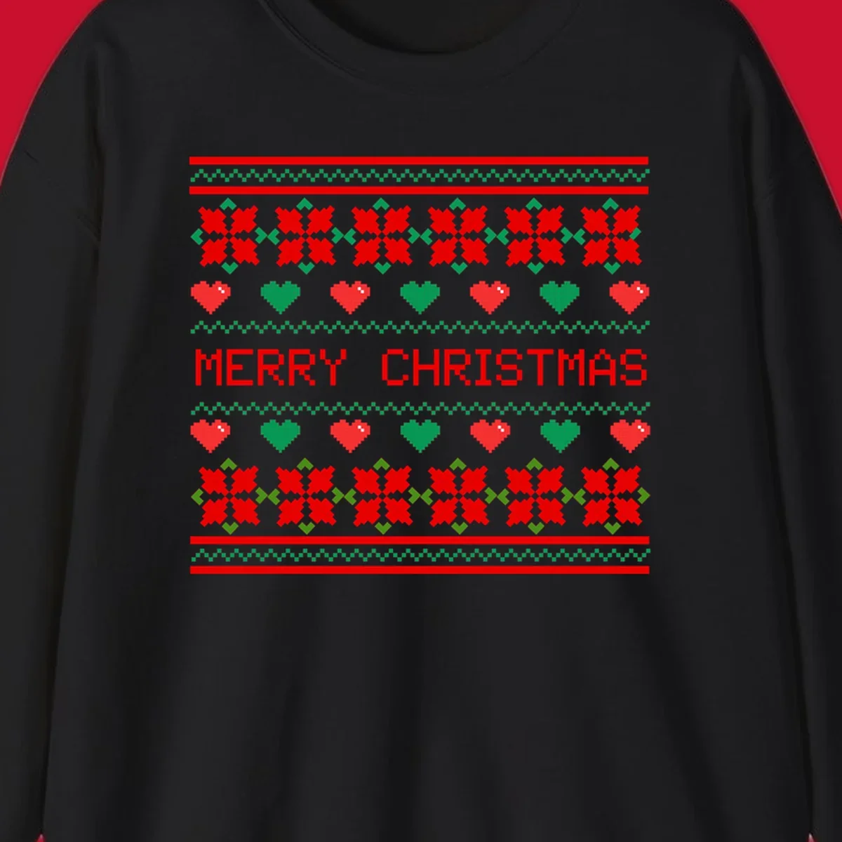 Merry Christmas pixel pattern with hearts and flowers on black and white backgrounds.