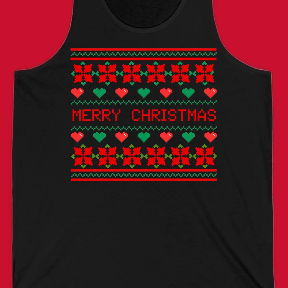 Merry Christmas pixel pattern with hearts and flowers on black and white backgrounds.