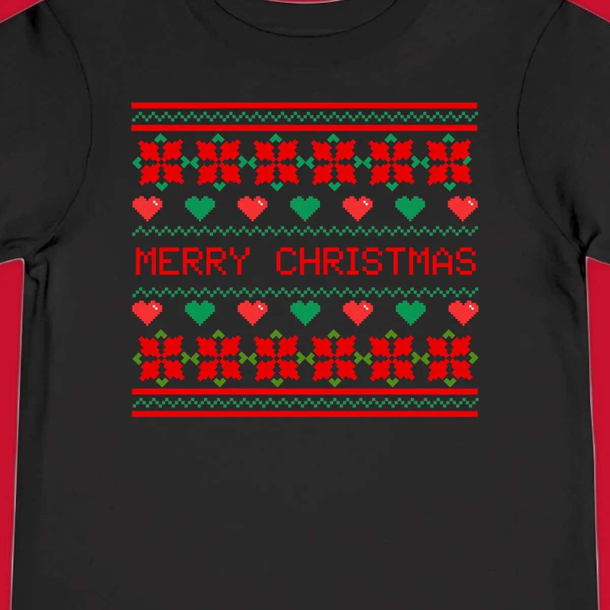 Merry Christmas pixel pattern with hearts and flowers on black and white backgrounds.