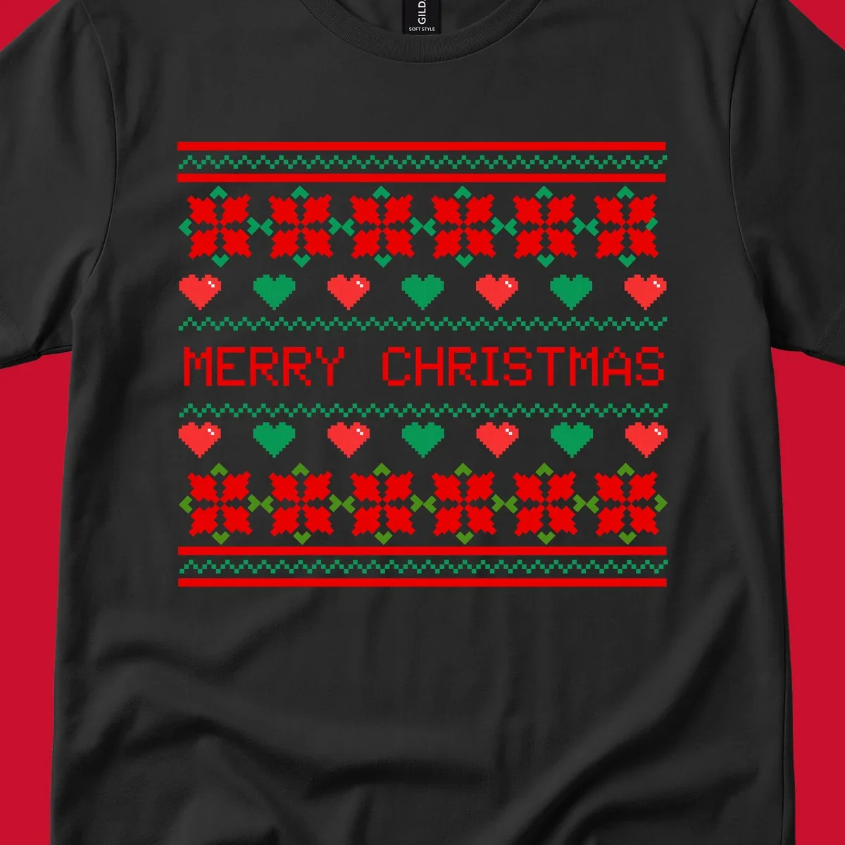 Merry Christmas pixel pattern with hearts and flowers on black and white backgrounds.
