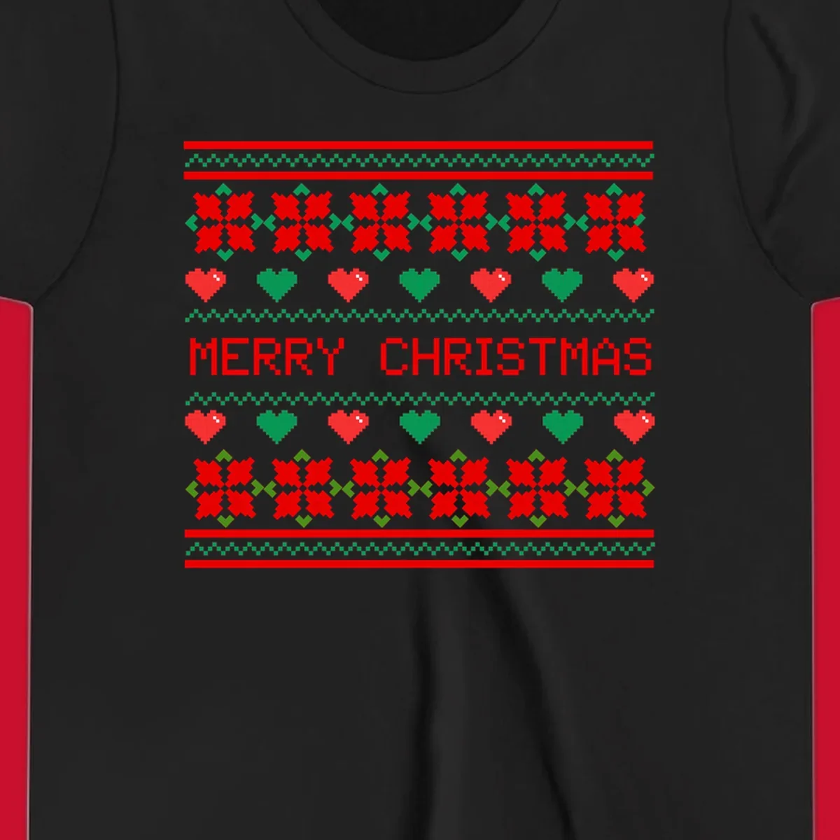 Merry Christmas pixel pattern with hearts and flowers on black and white backgrounds.