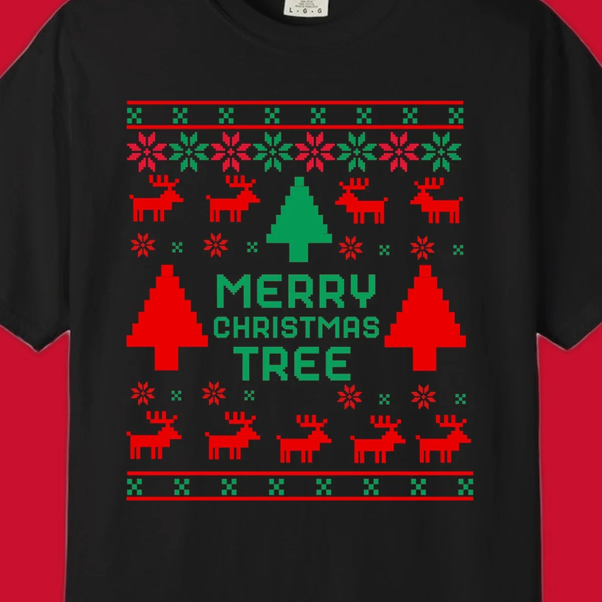 Ugly Christmas sweater pattern with reindeer, trees, snowflakes, and text 'MERRY CHRISTMAS TREE'.
