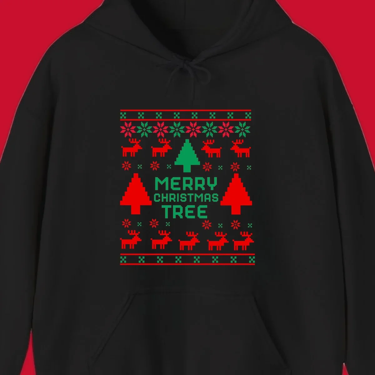 Ugly Christmas sweater pattern with reindeer, trees, snowflakes, and text 'MERRY CHRISTMAS TREE'.